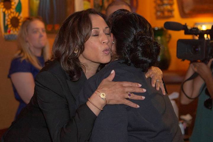 Democratic presidential candidate Sen. Kamala Harris, D-Calif., hugs Angelica Cervantes, 49, fr ...