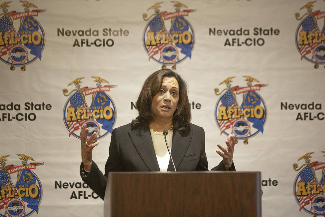 Democratic presidential candidate Sen. Kamala Harris, D-Calif., speaks during AFL-CIO conventio ...