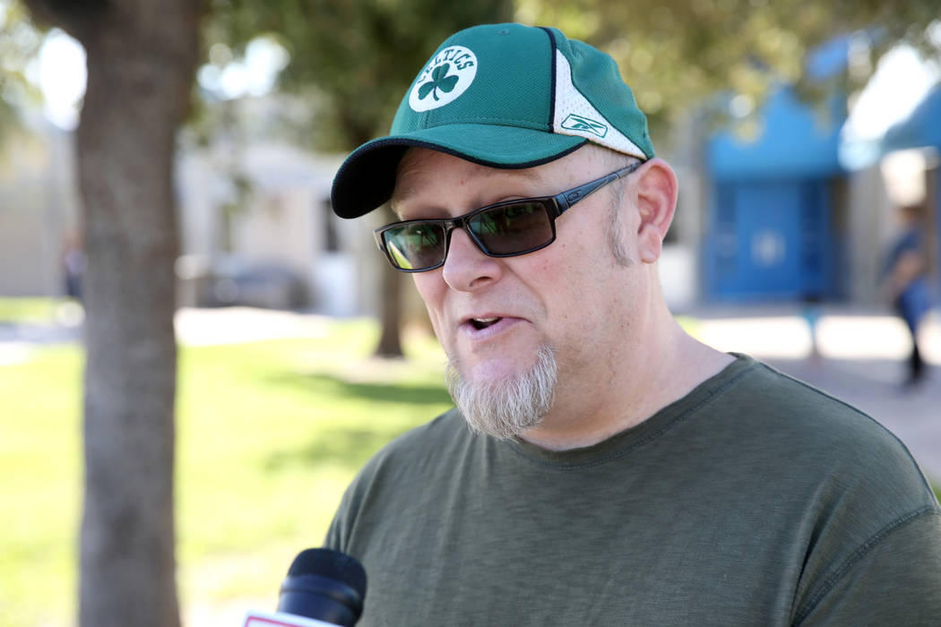 Parent Derik Francis talks to a reporter at Helen Smith Elementary School Thursday, Aug. 29, 20 ...