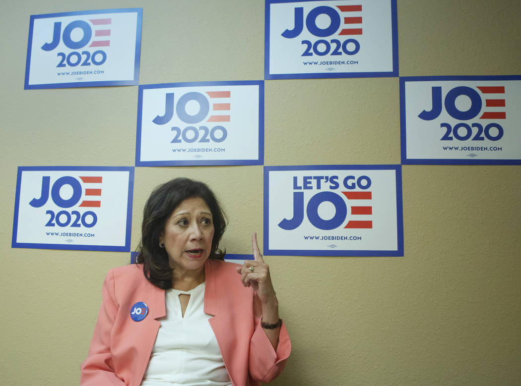 Former Labor Secretary Hilda Solis gives an interview at the Joe Biden presidential campaign of ...