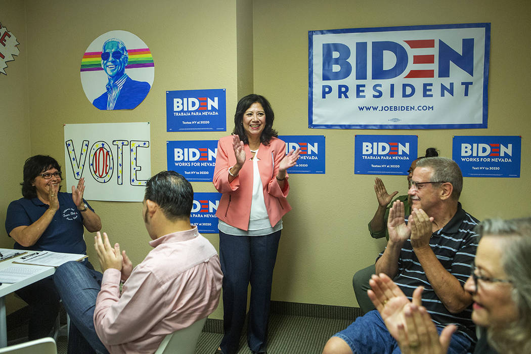 Former Labor Secretary Hilda Solis cheers with Joe Biden supporters and staffers at the Biden p ...