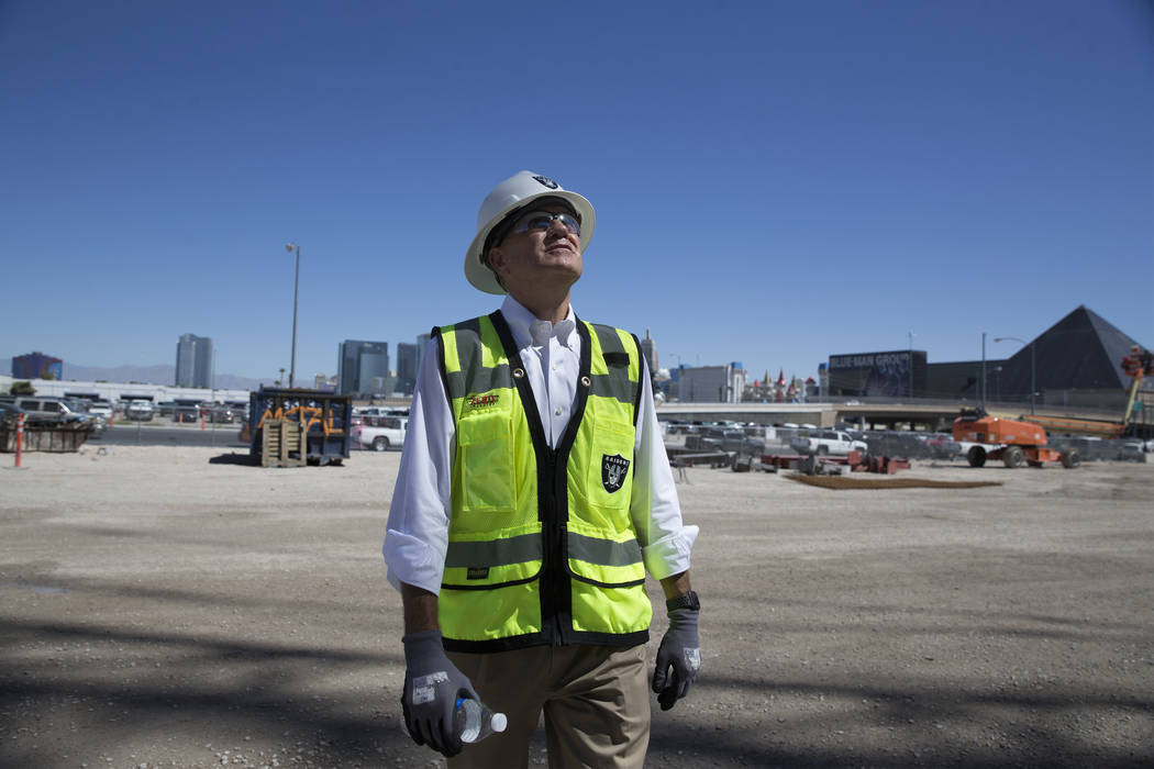 Don Webb, chief operating officer of the LV Stadium Co., looks up at the Raiders Allegiant stad ...