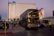 An express buss arrives at T-Mobile Arena in Las Vegas for the Vegas Golden Knights game on Tue ...