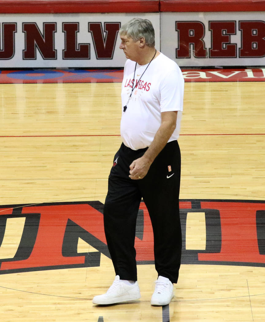 Las Vegas Aces' head coach Bill Laimbeer watches his players during team practice at at Cox Pav ...