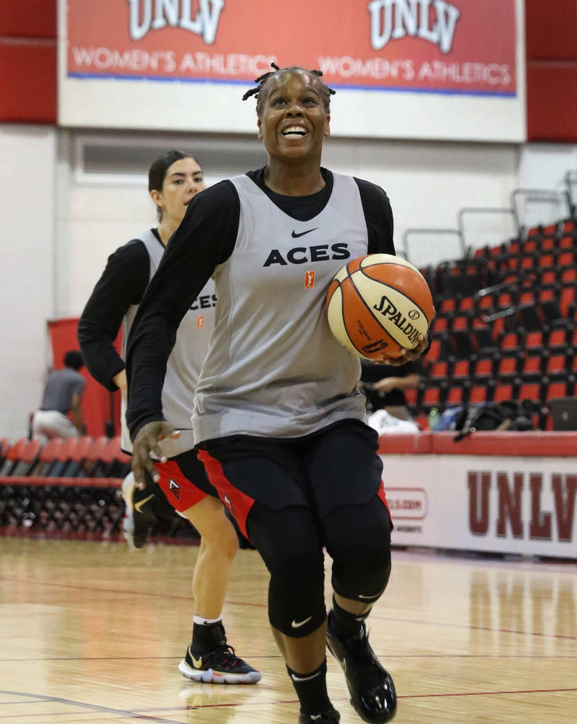 Las Vegas Aces' guard Epiphanny Prince drives to the basket during team practice at Cox Pavilli ...