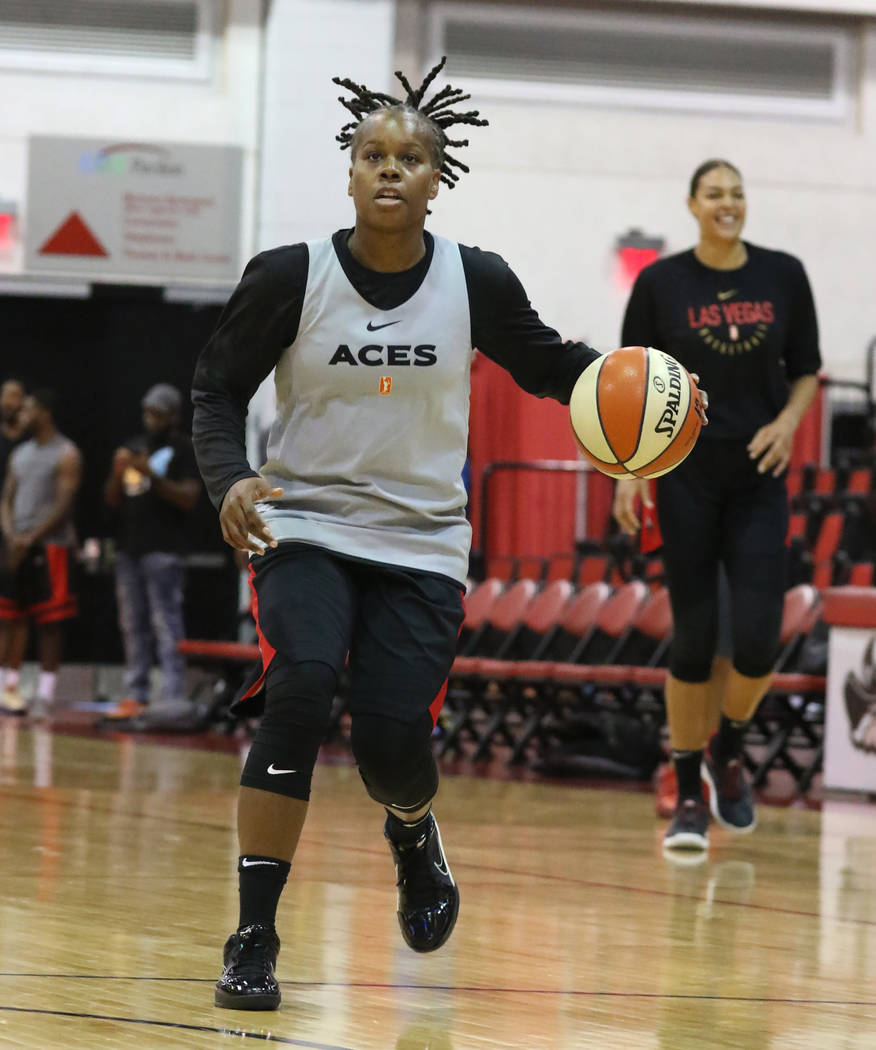 Las Vegas Aces' guard Epiphanny Prince drives the ball during team practice at Cox Pavillion o ...