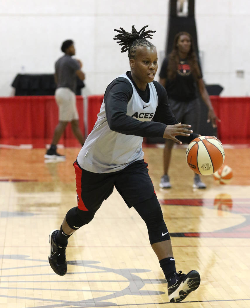 Las Vegas Aces' guard Epiphanny Prince drives the ball during team practice at Cox Pavillion o ...
