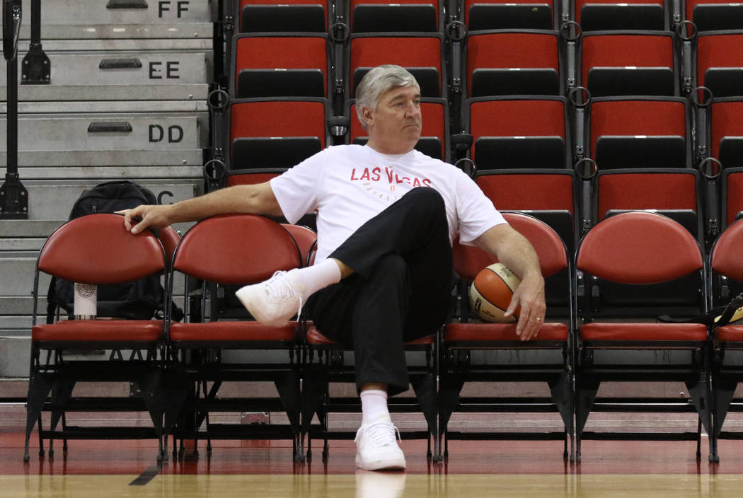 Las Vegas Aces' head coach Bill Laimbeer watches his players during team practice at at Cox Pav ...