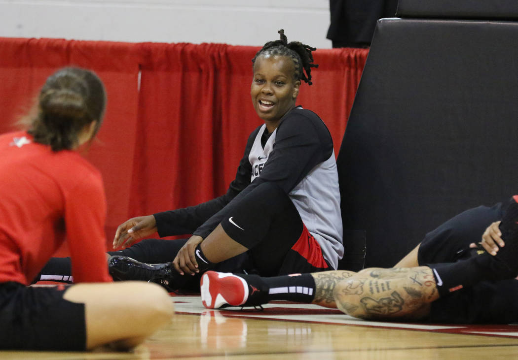 Las Vegas Aces' guard Epiphanny Prince stretches during team practice at Cox Pavillion on Frid ...