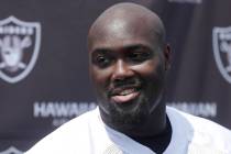 Oakland Raiders guard Rodney Hudson speaks to reporters after NFL football practice in Napa, Ca ...