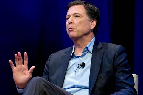 In this April 30, 2018, file photo, former FBI director James Comey speaks during a stop on his ...