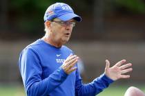 In this photo taken Friday, Aug. 2, 2019, Duke head coach David Cutcliffe directs his players d ...
