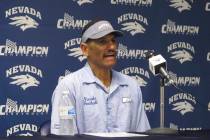 UNR coach Jay Norvell talks to reporters in Reno, Nev., Monday, Aug. 26, 2019, ahead of Friday ...