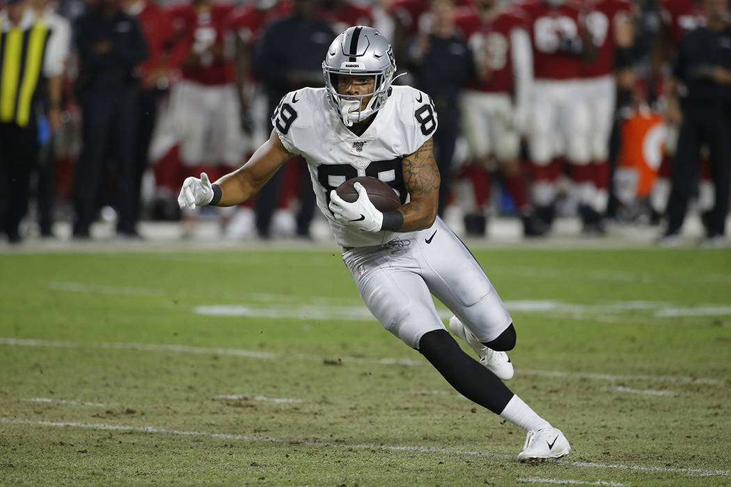 In this Aug. 15, 2019, file photo, Oakland Raiders wide receiver Keelan Doss (89) runs with the ...