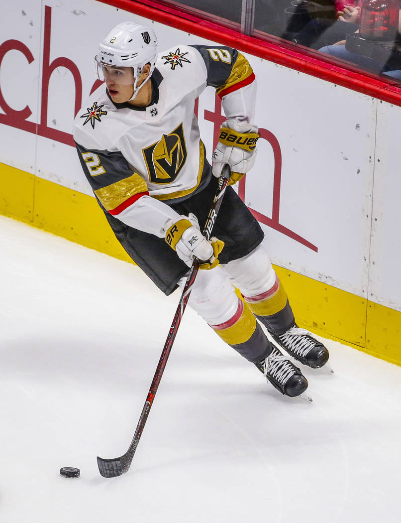 Vegas Golden Knights defenseman Zach Whitecloud (2) skates during the second period of a presea ...