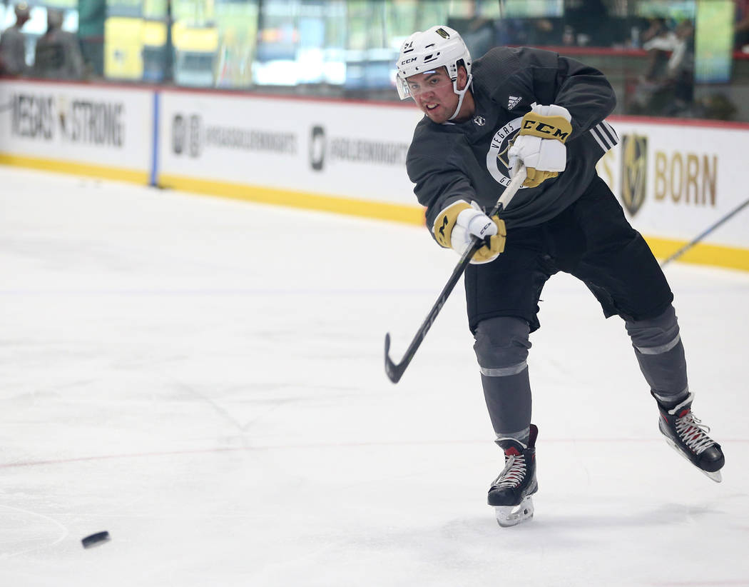 Jack Dugan (51) takes a shot during a Vegas Golden Knights development camp at the City Nationa ...