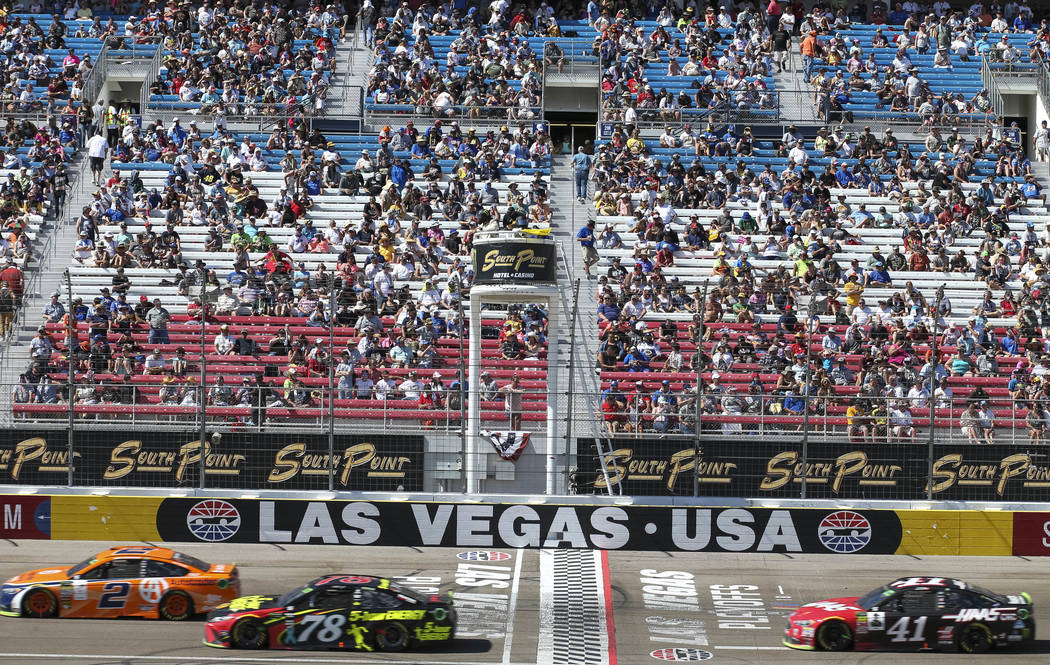 Drivers competes in the South Point 400 NASCAR Cup Series auto race at the Las Vegas Motor Spee ...