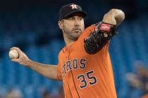 Houston Astros starting pitcher Justin Verlander throws against the Toronto Blue Jays during th ...