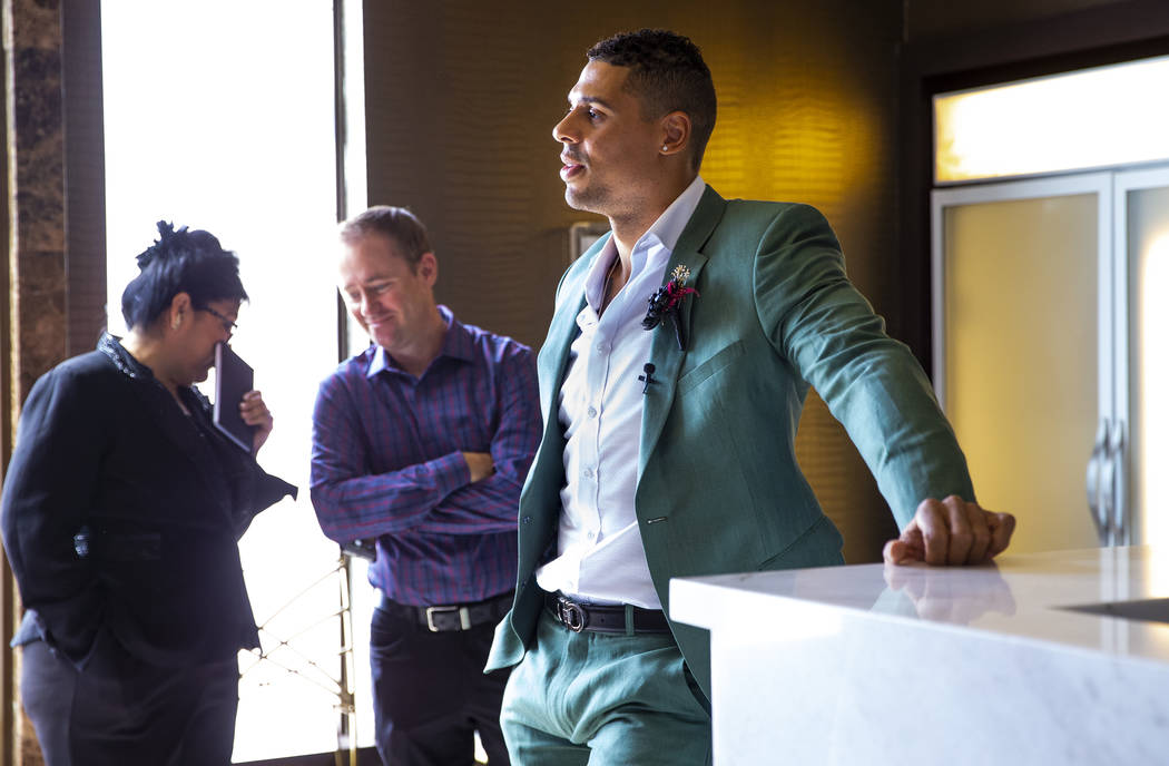 Vegas Golden Knights player Ryan Reaves awaits his cue to conduct a marriage vows renewal cerem ...
