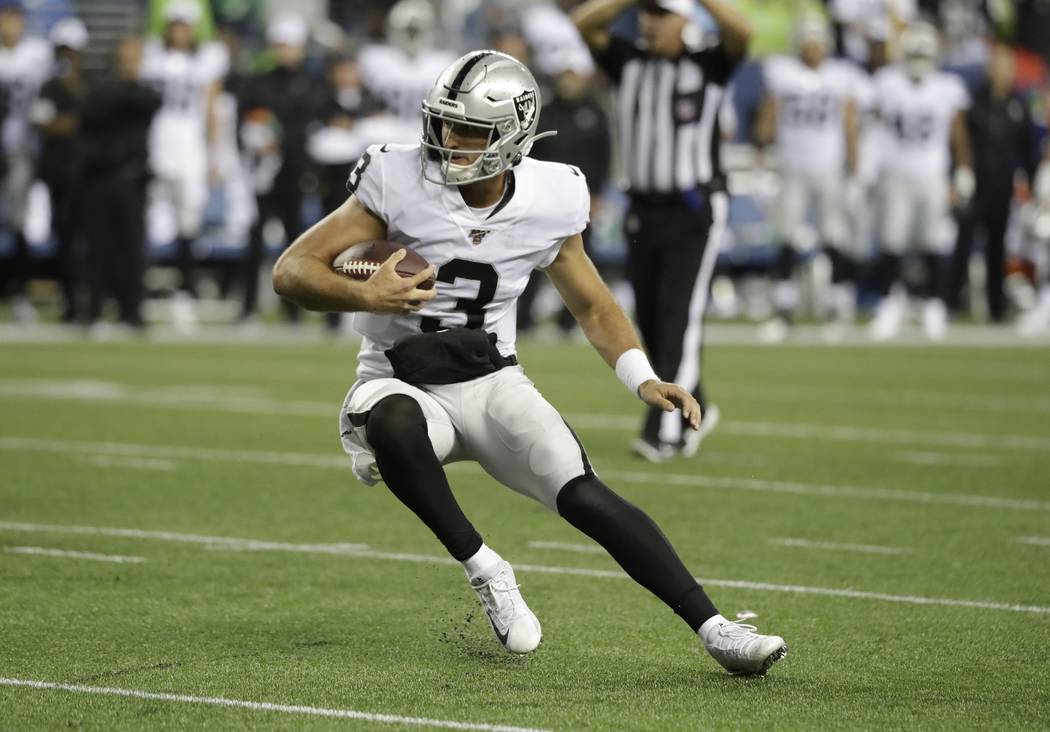 Oakland Raiders quarterback Nathan Peterman in action against the Seattle Seahawks during the s ...