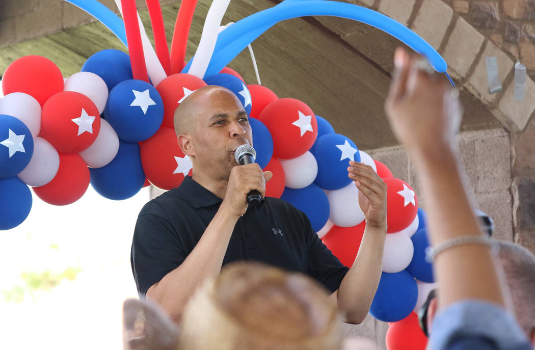 Democratic presidential candidate Sen. Cory Booker, D-N.J., speaks during Rep. Steven Horsford' ...