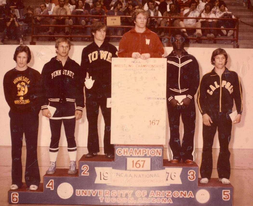 Pat Christenson holds the bracket after winning the 1976 NCAA wrestling 167-pound championship ...