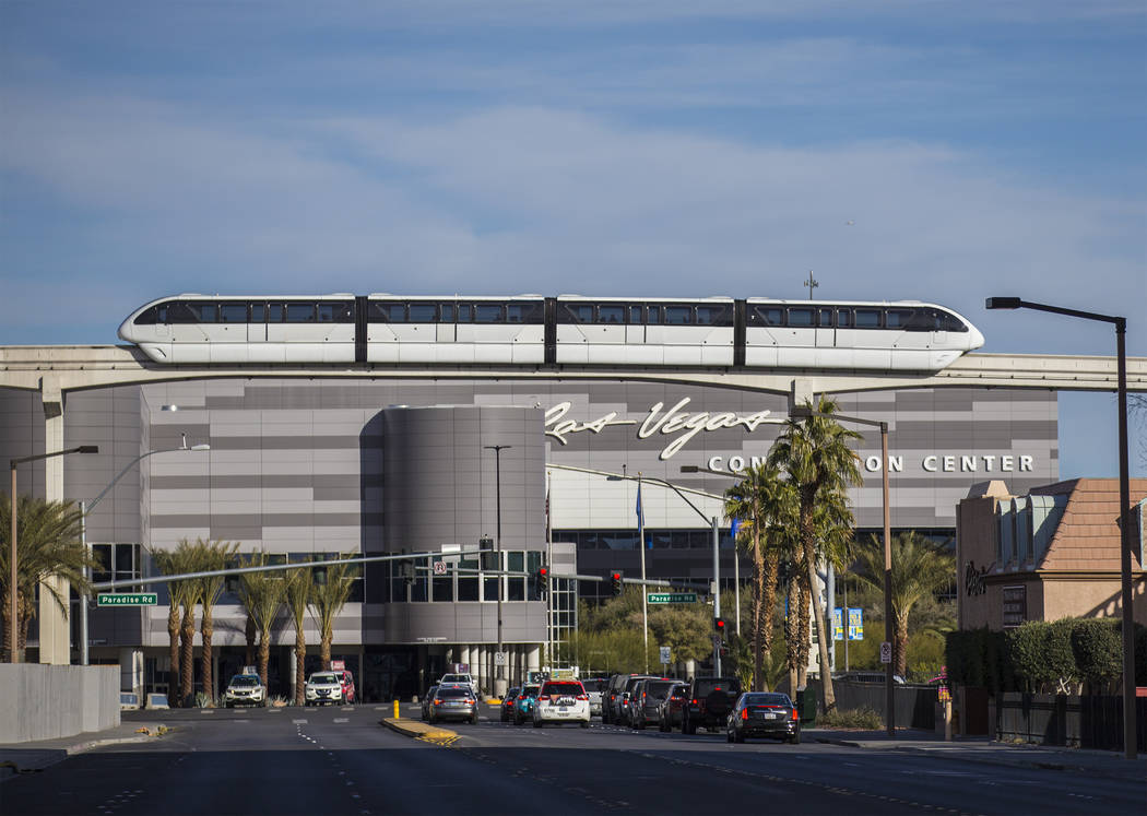 A southbound monorail approaches Convention Center Station on Tuesday, Feb. 12, 2019, in Las Ve ...
