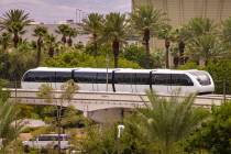 A train makes its way toward the Westgate Station along the Las Vegas Monorail system on Sunday ...