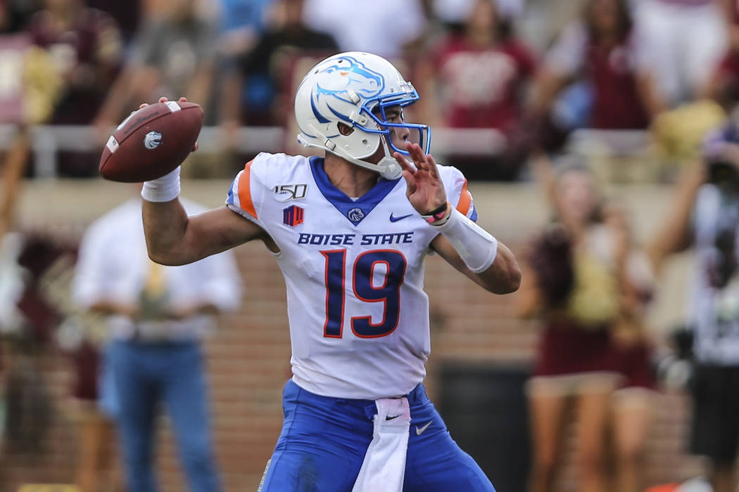 Boise State quarterback Hank Bachmeier (19) throws a pass during the second half of an NCAA foo ...