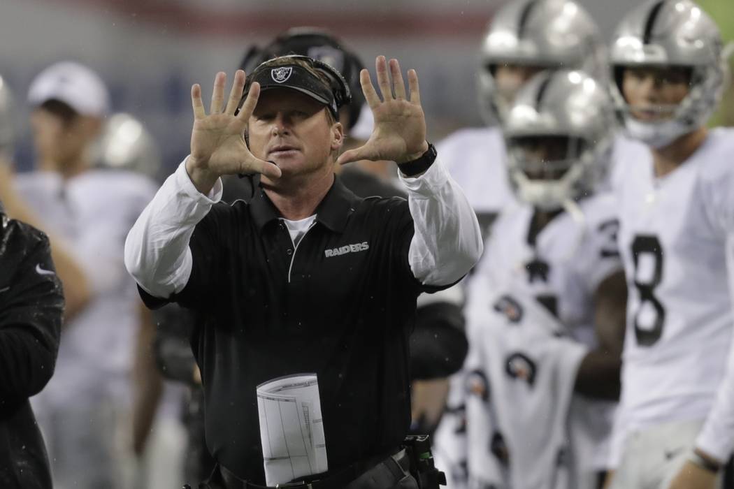 Oakland Raiders head coach Jon Gruden gestures on the sideline during the first half of an NFL
