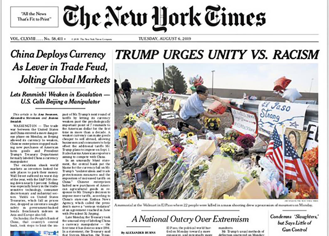 This image shows a tweeted version of The New York Times front page for Tuesday, Aug. 6, 2019. ...