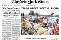 This image shows a tweeted version of The New York Times front page for Tuesday, Aug. 6, 2019. ...