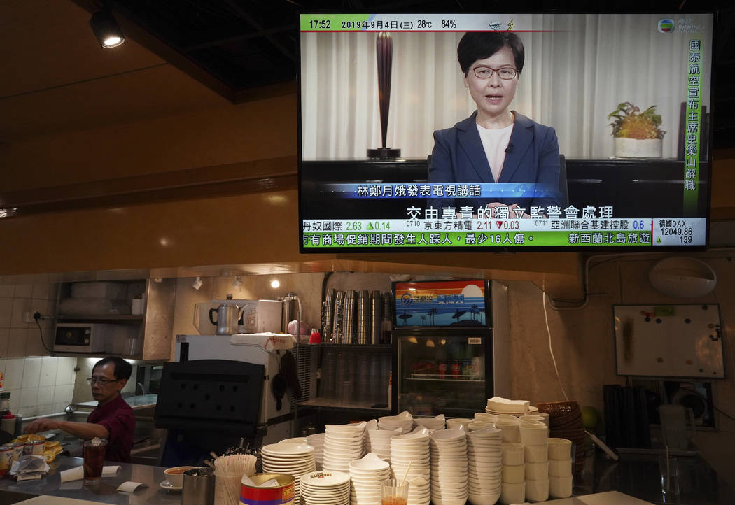 Hong Kong Chief Executive Carrie Lam, seen in a telecast, makes an announcement in Hong Kong, o ...