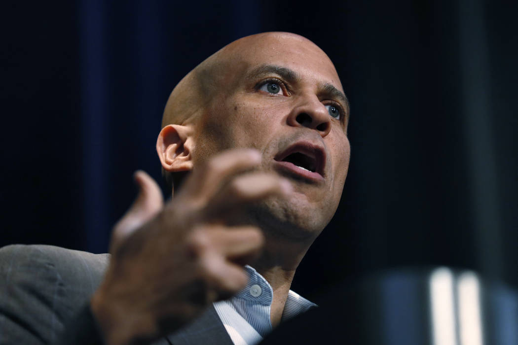 Democratic presidential candidate Sen. Cory Booker speaks at the Iowa Federation of Labor conve ...