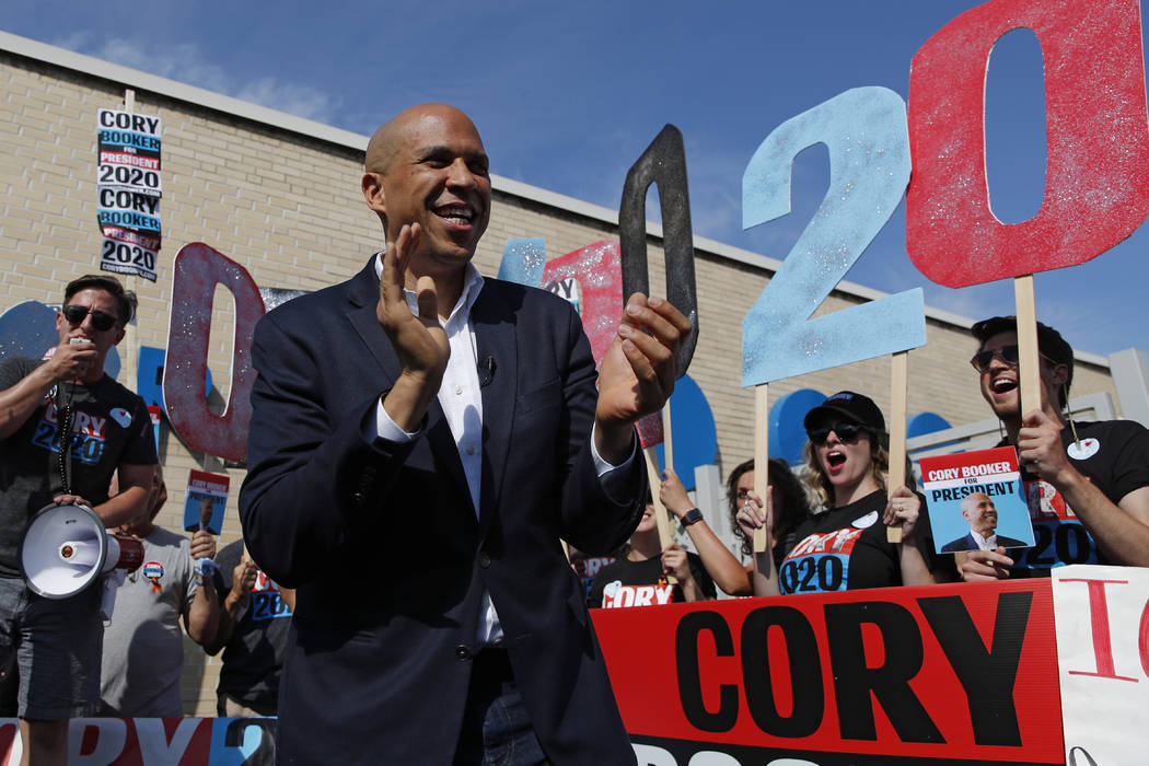 In this Aug. 9, 2019 photo, Democratic presidential candidate Sen. Cory Booker speaks to suppor ...