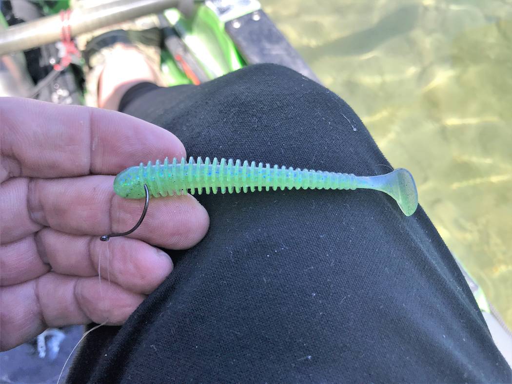 This blue and chartreuse swimbait by Keitech has proven to be an effective bait for largemouth ...