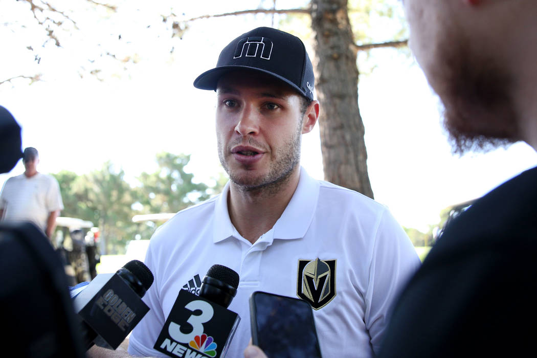 Golden Knights Brayden McNabb speaks to the media prior to the Golden Knights charity golf tour ...