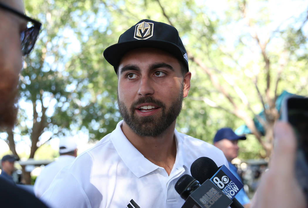 Golden Knights right wing Alex Tuch speaks to the media prior to the Golden Knights charity gol ...