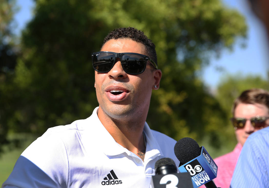 Golden Knights Ryan Reaves speaks to the media prior to the Golden Knights charity golf tournam ...