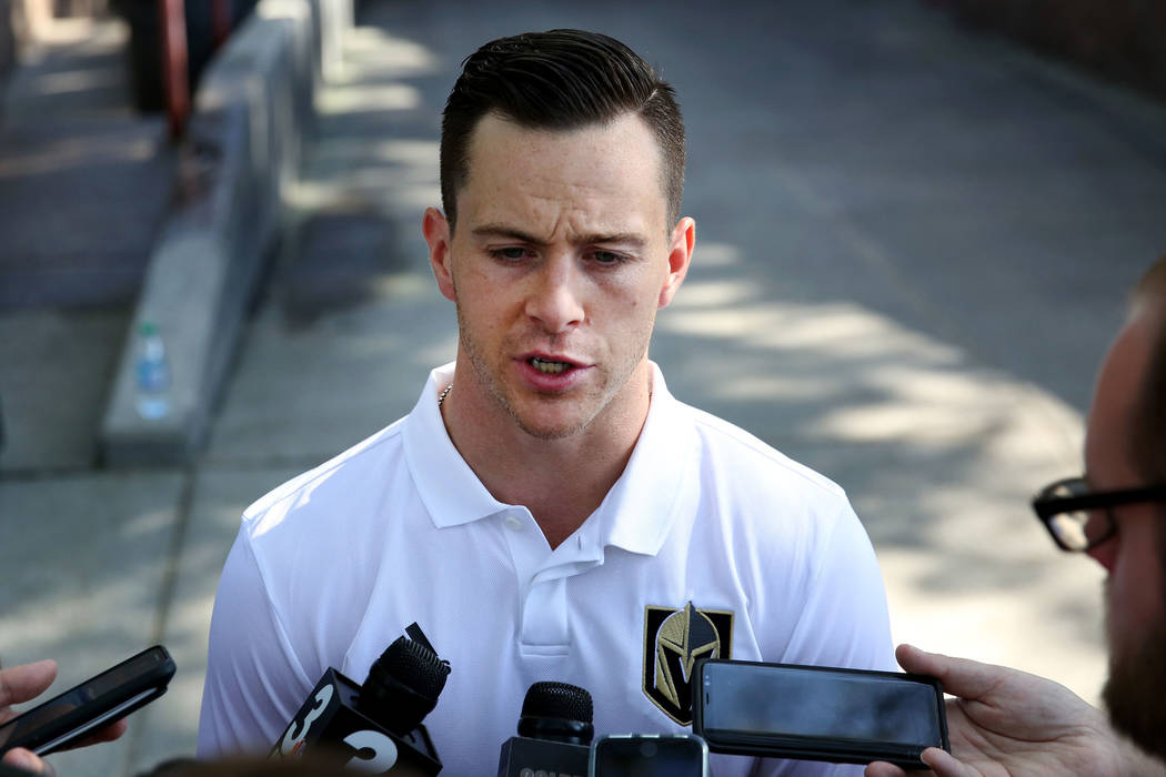 Golden Knights Jonathan Marchessault speaks to the media prior to the Golden Knights charity go ...