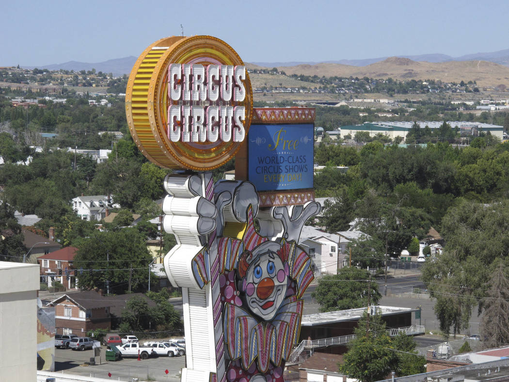 This photo taken Aug. 19, 2019 shows the famous clown at the Circus Circus casinos famous clown ...