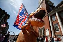 A marcher wears a dinosaur costume during the Straight Pride Parade in Boston, Saturday, Aug. 3 ...