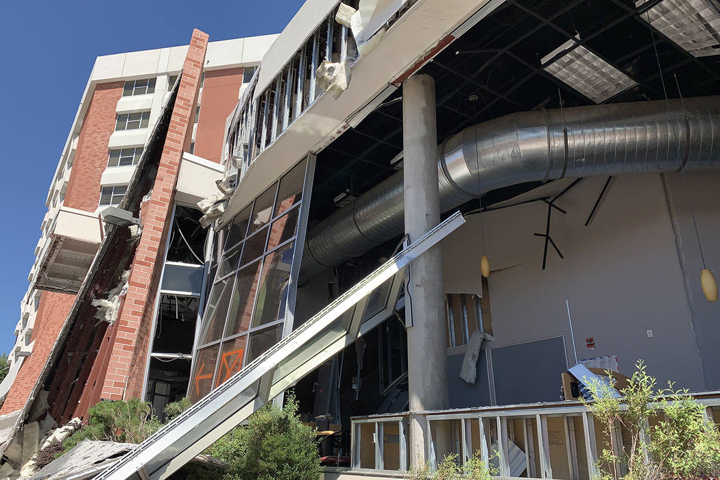 The exterior of Argenta Hall at University of Nevada, Reno, following the July 5 explosions tha ...