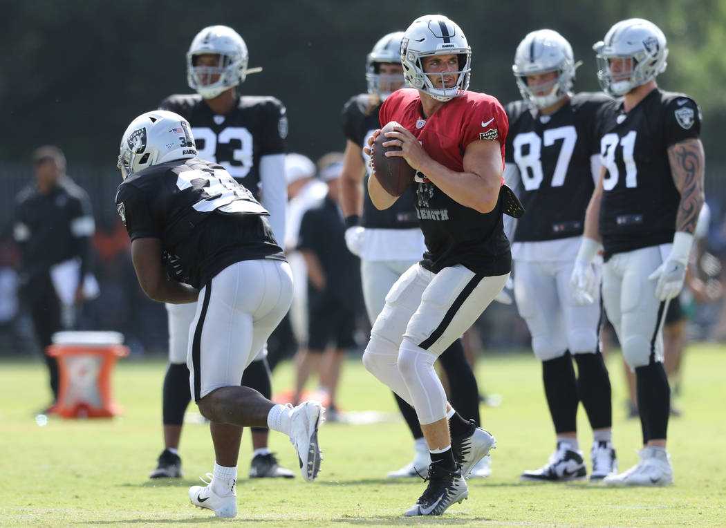 Oakland Raiders quarterback Derek Carr (4) prepares to throw the football during the NFL team's ...
