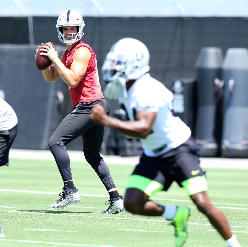 Oakland Raiders quarterback Derek Carr (4) prepares to throw the football to wide receiver Anto ...