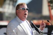 Raiders Owner Mark Davis speaks during the Las Vegas Stadium Topping Out Ceremony in Las Vegas, ...