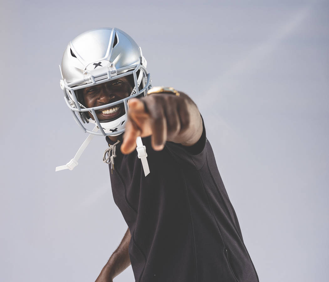 Raiders wide receiver Antonio Brown wears his new helmet, the Shadow by helmet-maker Xenith. Ph ...