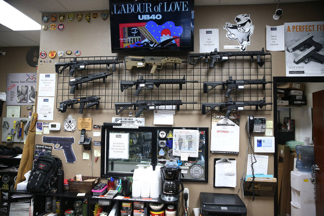 Guns are showcased at 2nd Amendment Gun Shop in Las Vegas, Wednesday, Sept. 4, 2019. (Erik Verd ...