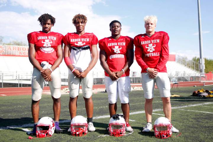 Arbor View's running backs from left, Daniel Mitchell (24), Jaedyn Jackson (11), Darius William ...