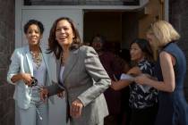 Democratic presidential candidate Sen. Kamala Harris, D-Calif., heads into a church service at ...